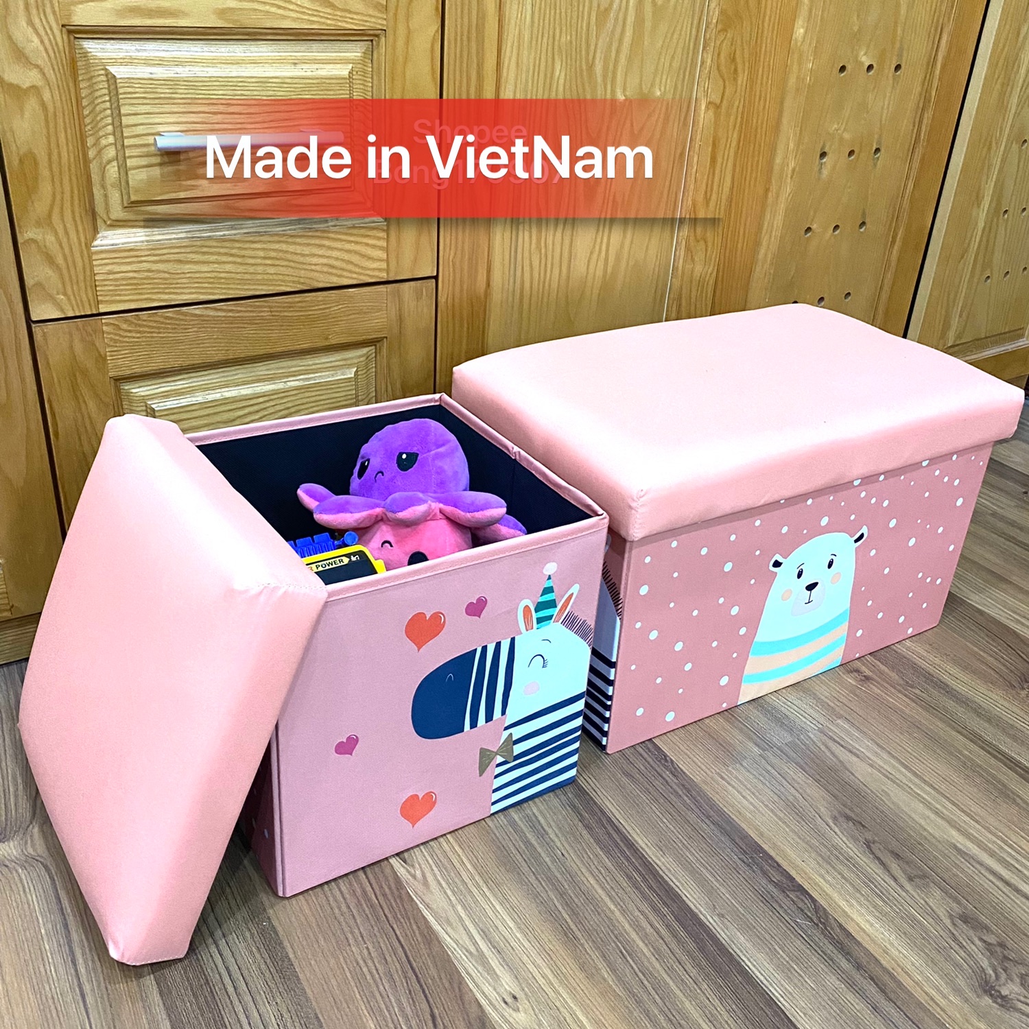 Đôn dài trẻ em kiêm hộp đựng đồ [2 trong 1] cứng cáp họa tiết in kỹ thuật số KT 51x31xcao31cm