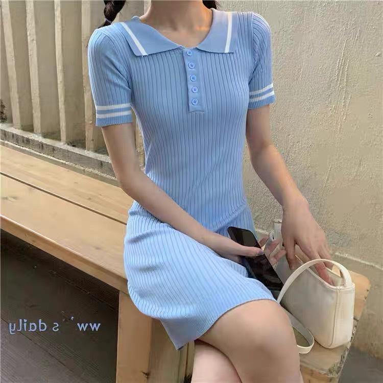 Váy len polo body nữ dáng ôm tay ngắn kiểu cổ bẻ dệt kim co dãn 4 chiều phong cách Hàn Quốc trẻ trung