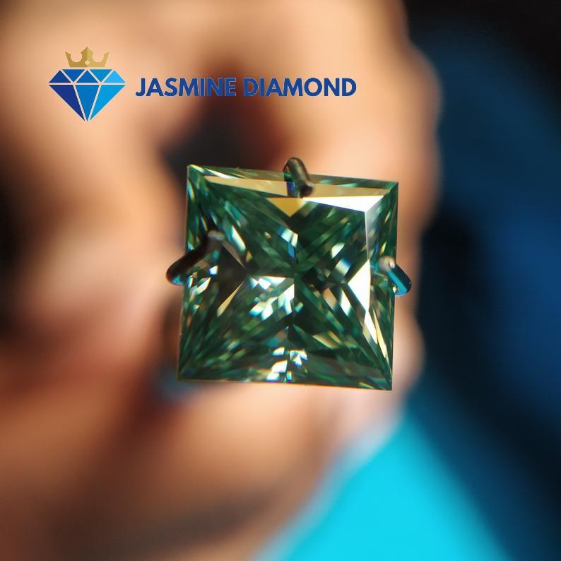 Kim cương nhân tạo Mỹ Moissanite giác cắt Princess màu xanh lá