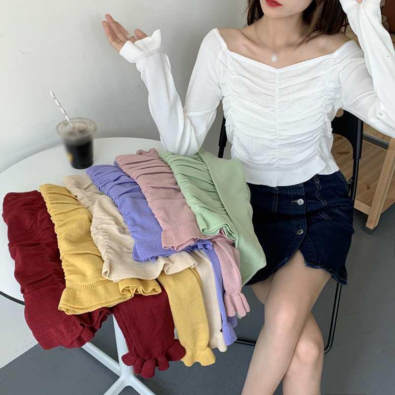 Áo Dệt Kim Tay Dài Cổ Vuông Màu Trơn Thanh Lịch