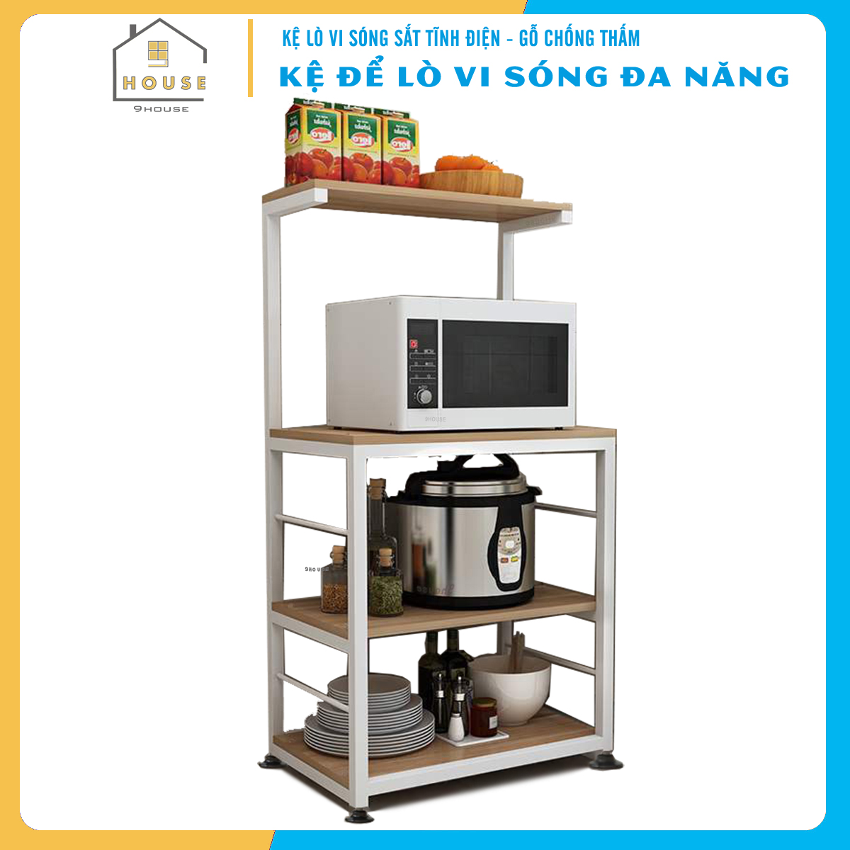 Kệ Để Lò Vi Sóng 173-1N Chính Hãng 9House Kệ Bếp Để Lò Nướng Nồi Cơm Điện Lò Vi Sóng Gia Vị Loại Khung Sắt Dày Sơn Tĩnh Điện Chống Rỉ Mặt Gỗ MDF Lõi Xanh Chống Ẩm Bề Mặt Phủ Melamine Chống Thấm Cao Cấp - Hàng Chính Hãng