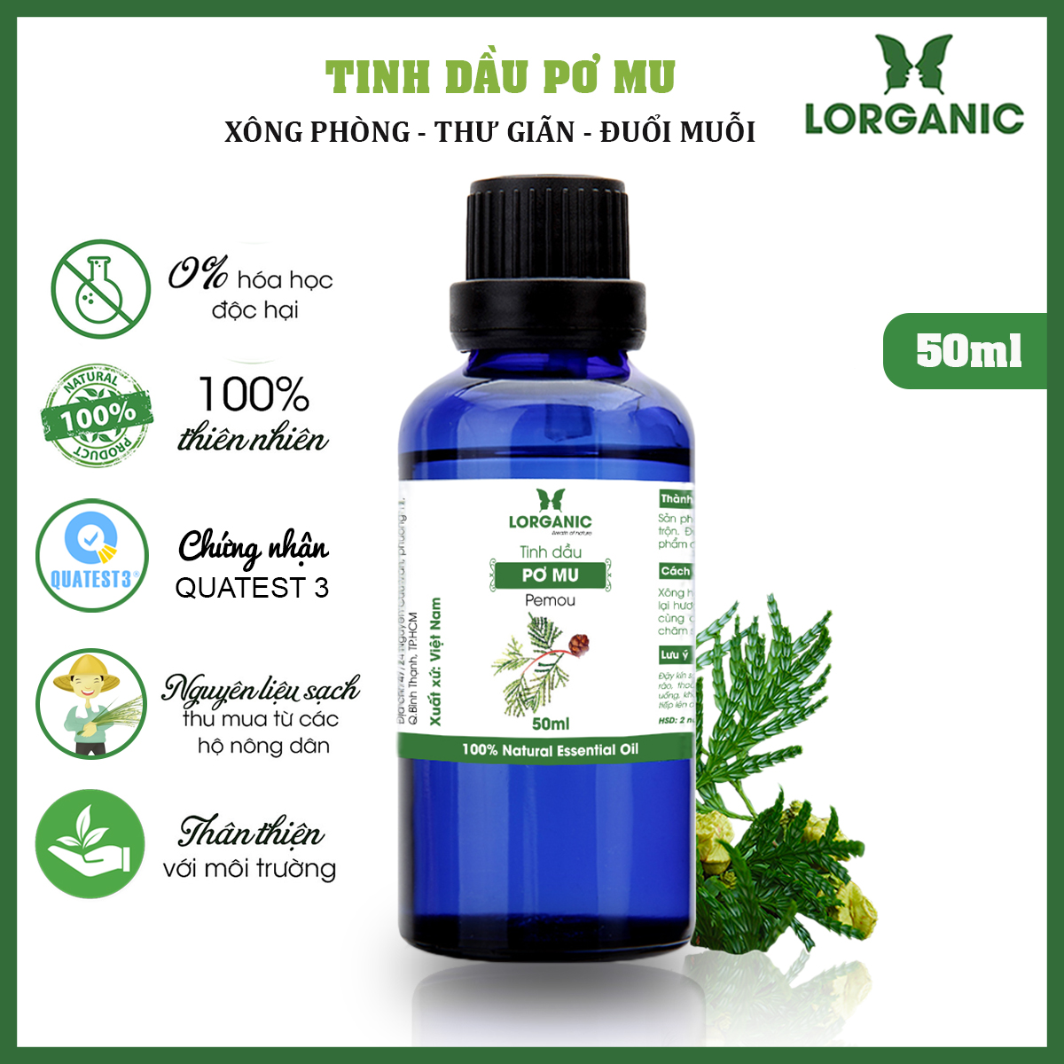 Tinh Dầu Xông Phòng Thư Giãn, Đuổi Muỗi 50ml LORGANIC Sả Chanh, Quế, Bạc Hà, Oải Hương Lavender, Tràm, Ngọc Lan Tây, Hương Thảo, Stress Relief, Sensual, Cam, Vỏ Bưởi, Bạch Đàn Chanh, Bưởi Chùm, Hoắc Hương, Long Não, Pơ Mu, Gỗ Thông