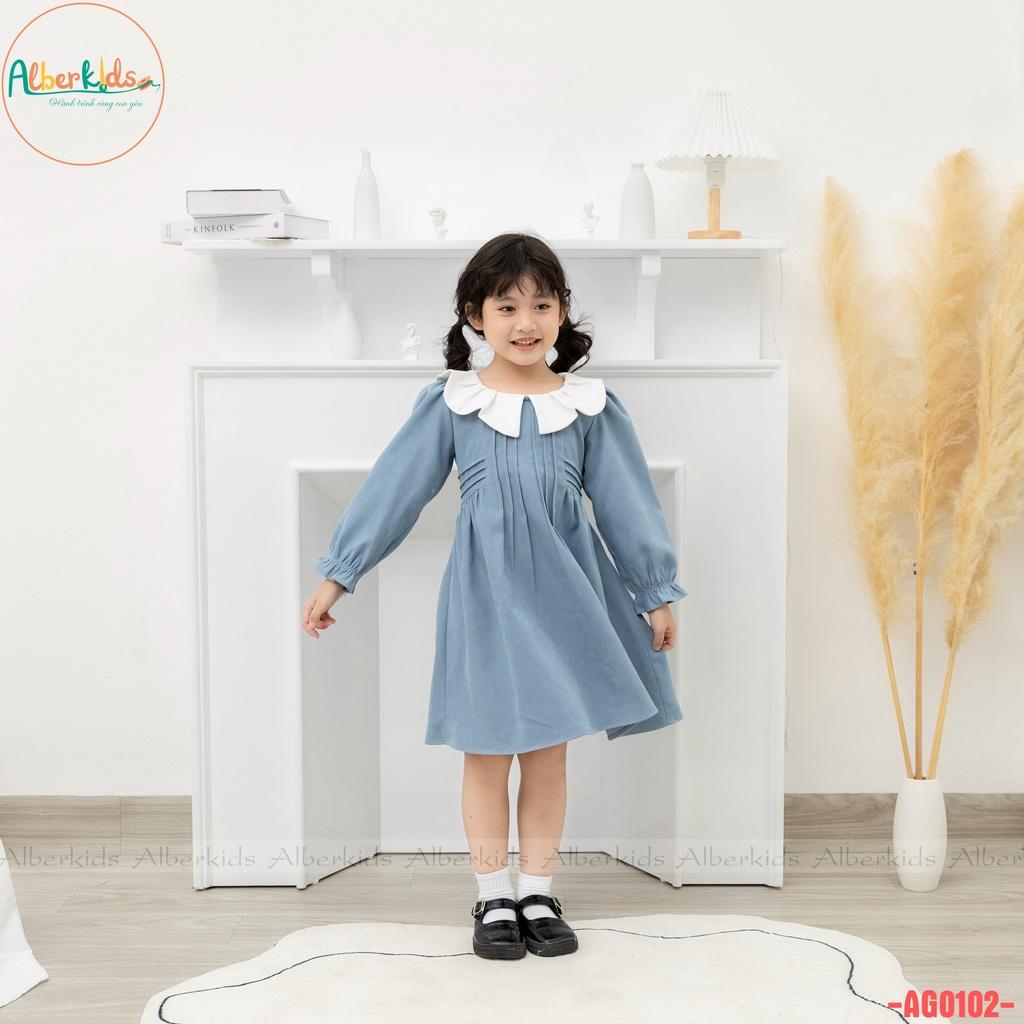 Váy bé gái ALBER KIDS tay dài xanh phối cổ trắng xinh đẹp cho trẻ em 2,3,4,5,6,7,8,9,10,11,12 tuổi AG0102