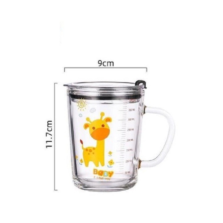 Bộ 2 Cốc thủy tinh chia vạch uống sữa cho bé cao cấp và kèm ống hút silicon nắp đậy loại 350ml (màu ngẫu nhiên)