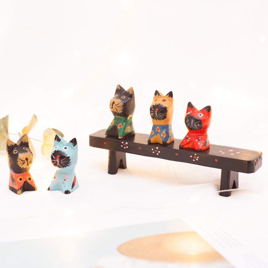 Wooden Cat Figurine Fairy Garden Statue Miniature Cat Figures Ornament Decor