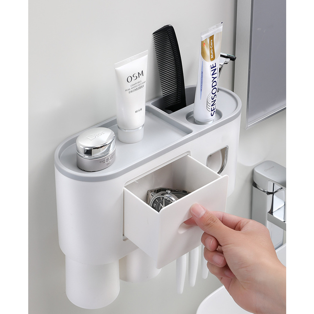 Bộ dụng cụ nhả kem đánh răng tự động 02 cốc và giá treo bàn chải đa năng HT SYS-ENON- chất liệu ABS cao cấp