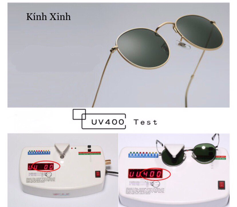 Kính râm Mắt Tròn Tròng Thủy Tinh Cao Cấp Gọng Kim Loại Chống Nắng UV