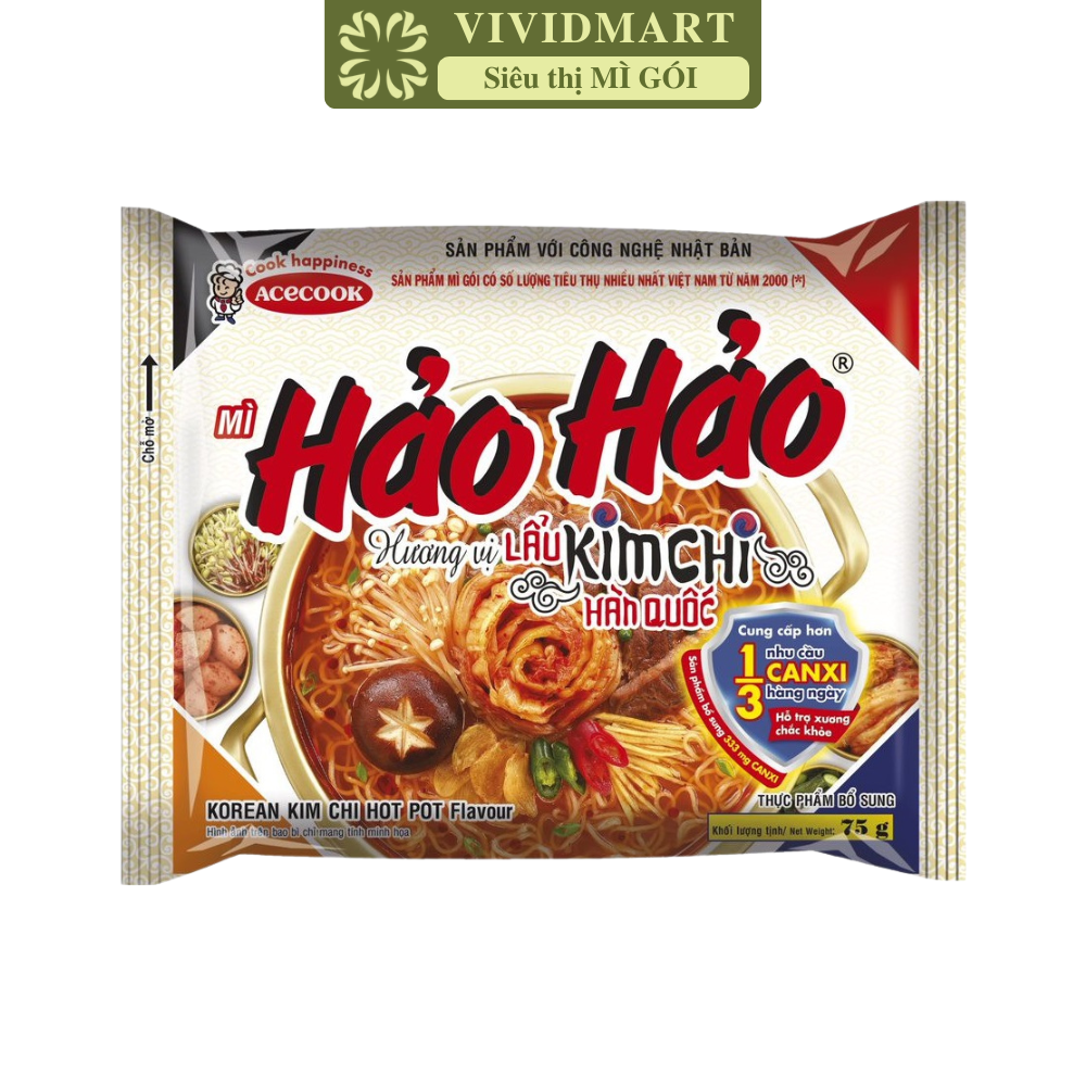 ACECOOK - Hảo Hảo hương vị lẩu kim chi Hàn Quốc, Mì ăn liền Hảo Hảo lẩu kim chi Hàn Quốc, Hảo Hảo kim chi (75g/gói)