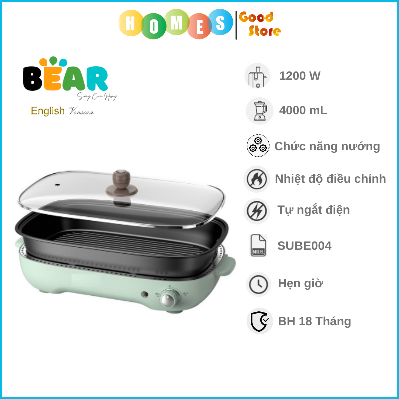 Nồi Điện Đa Năng, Nồi Lẩu Nướng Đa Năng BEAR SUBE004 3 Khay Rời Dung Tích 4L, Công Suất 1200W - Hàng Chính Hãng