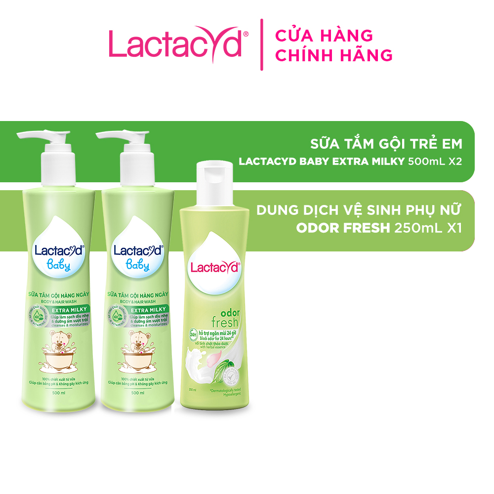 Bộ 2 Sữa Tắm Gội Trẻ Em Lactacyd Baby Extra Milky 500ml + 1 Dung Dịch Vệ Sinh Phụ Nữ Odor Fresh 250ml