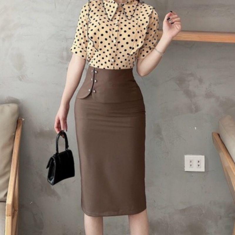 Chân Váy Bút Chì Dáng Dài Công Sở đáp tà đính cúc cách điệu