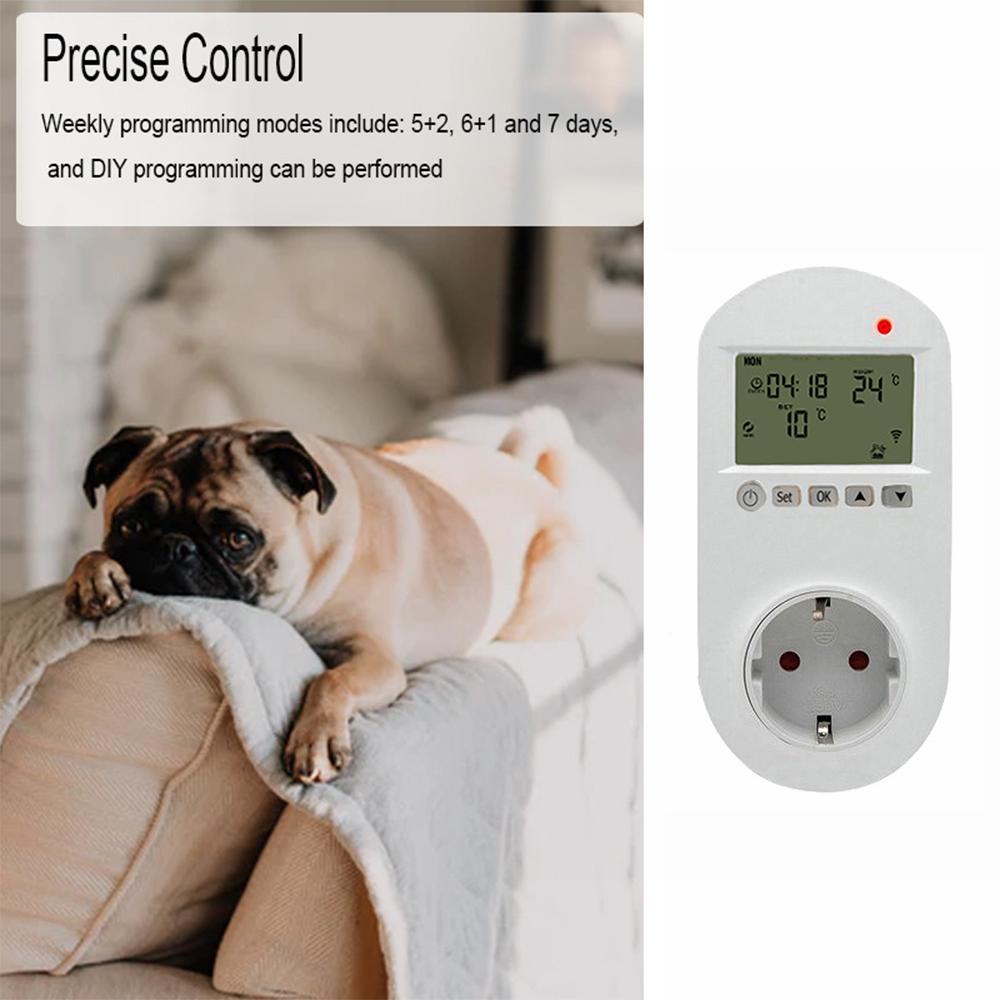 WiFi Plug-in Thermostat Smart Plug-In Programmable Thermostat Wireless Thermostat Outlet LCD Display Temperature Controller Smart Life APP Remotes Control Intelligent Power Plug Switch for Room Coolers and Heaters