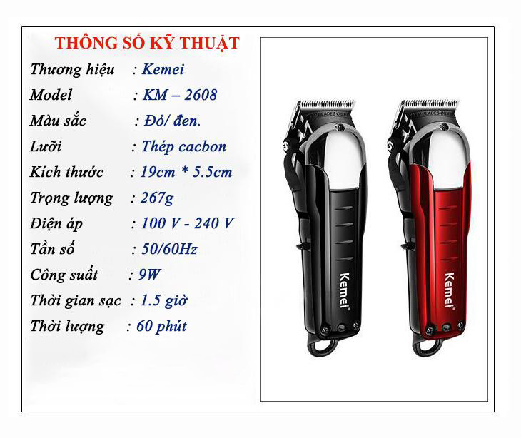 Tông đơ cắt tóc không dây chuyên nghiệp KEMEI KM-2608 công suất mạnh mẽ 9W có thể dùng cắt tóc, chấn viền, fade tóc thích hợp với sử dụng cho salon và gia đình