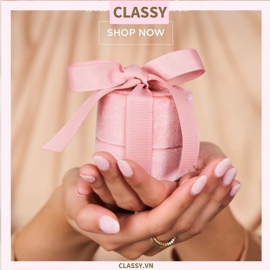 Túi giấy Classy đính nơ cao cấp Classy màu hồng, hộp đựng trang sức nhẫn, dây chuyền bằng nhung Q1348