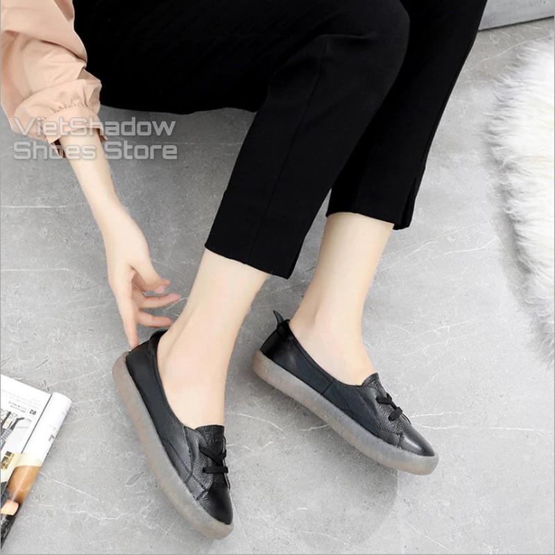 Slip on da nữ - Giày lười da nữ dáng bè - Da bò xịn, 3 màu (be), (trắng) và (đen) - Mã SP 525