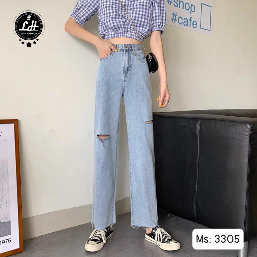 Quần jean ống rộng nữ rách sườn gối 2 line Lê Huy Fashion kiểu 1 nút hàng cao cấp MS 3305