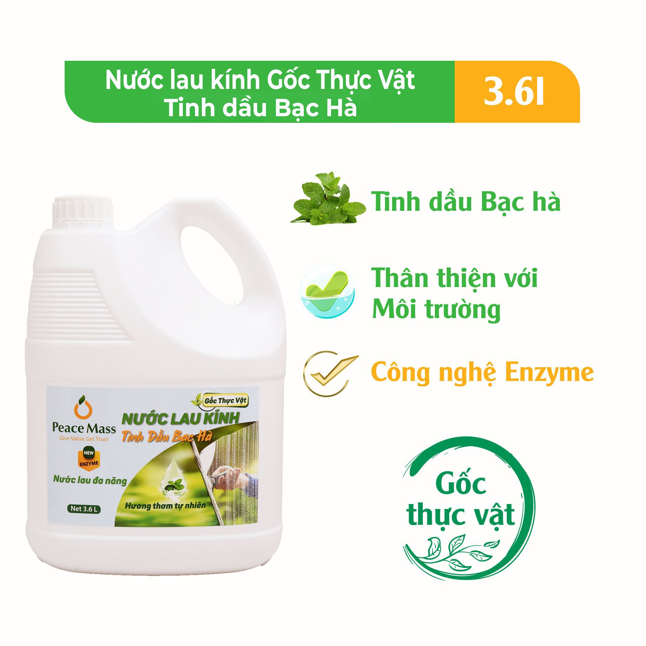 TLB2 Combo Sản Phẩm  Gốc Thực Vật Peace Mass - Nước Cọ Toilet + Nước Lau Kính 3.6l+ Nước Rửa Tay 3.6l (Thuộc nhóm Sản phẩm Lành tính / Hữu cơ)