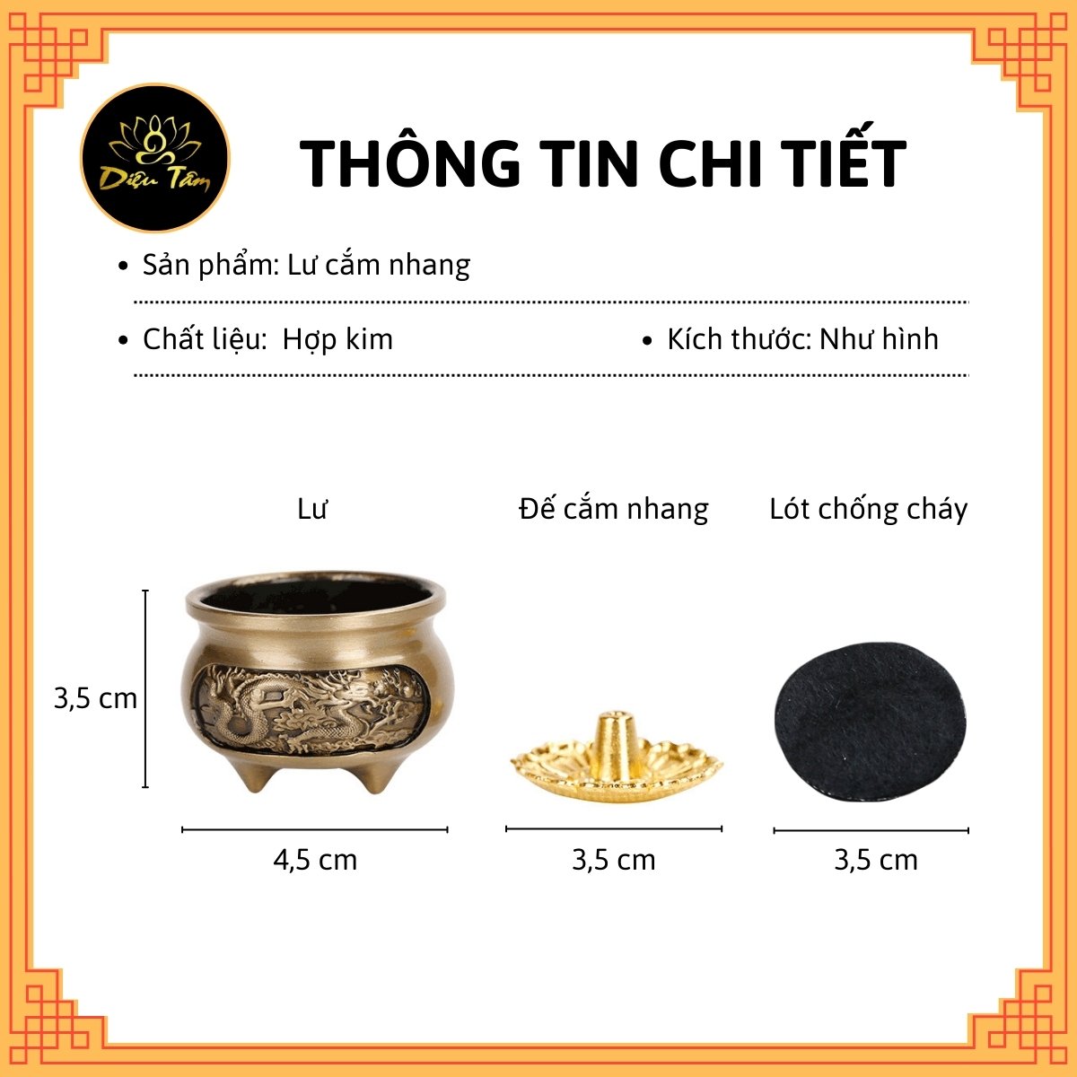 Lư Hương cắm nhang không tăm mini lư xông trầm hương 3 Chân Khắc rồng phượng tặng đế cắm nhang, lư không tăm mini