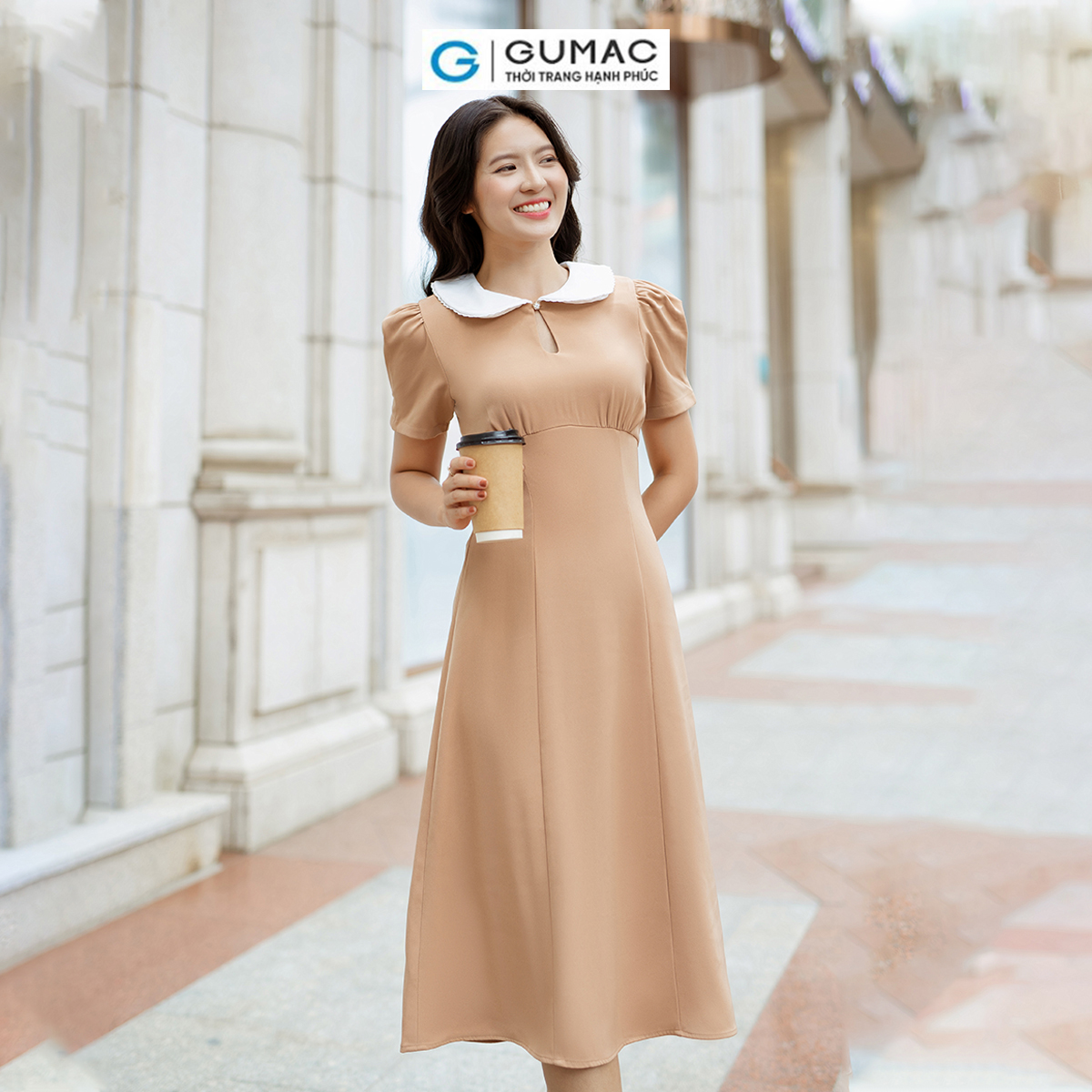 Đầm tay ngắn xếp ly phối bâu tròn thời trang GUMAC DD06057