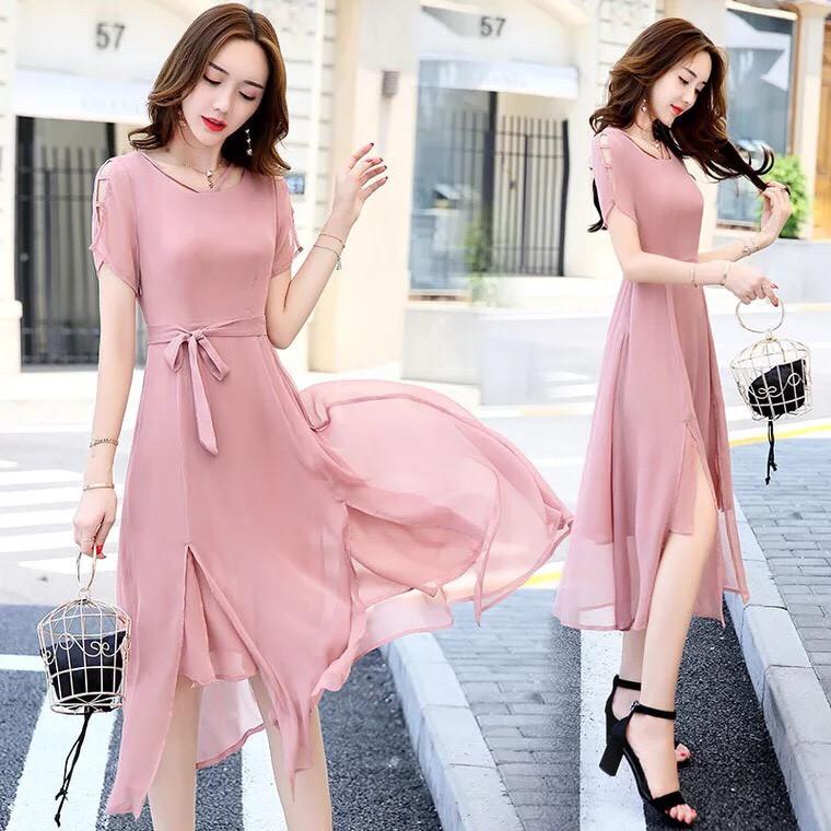 Đầm form dài voan chiffon xẻ đùi LANA Fashion MS307 đi chơi, dự tiệc / Có 6 màu