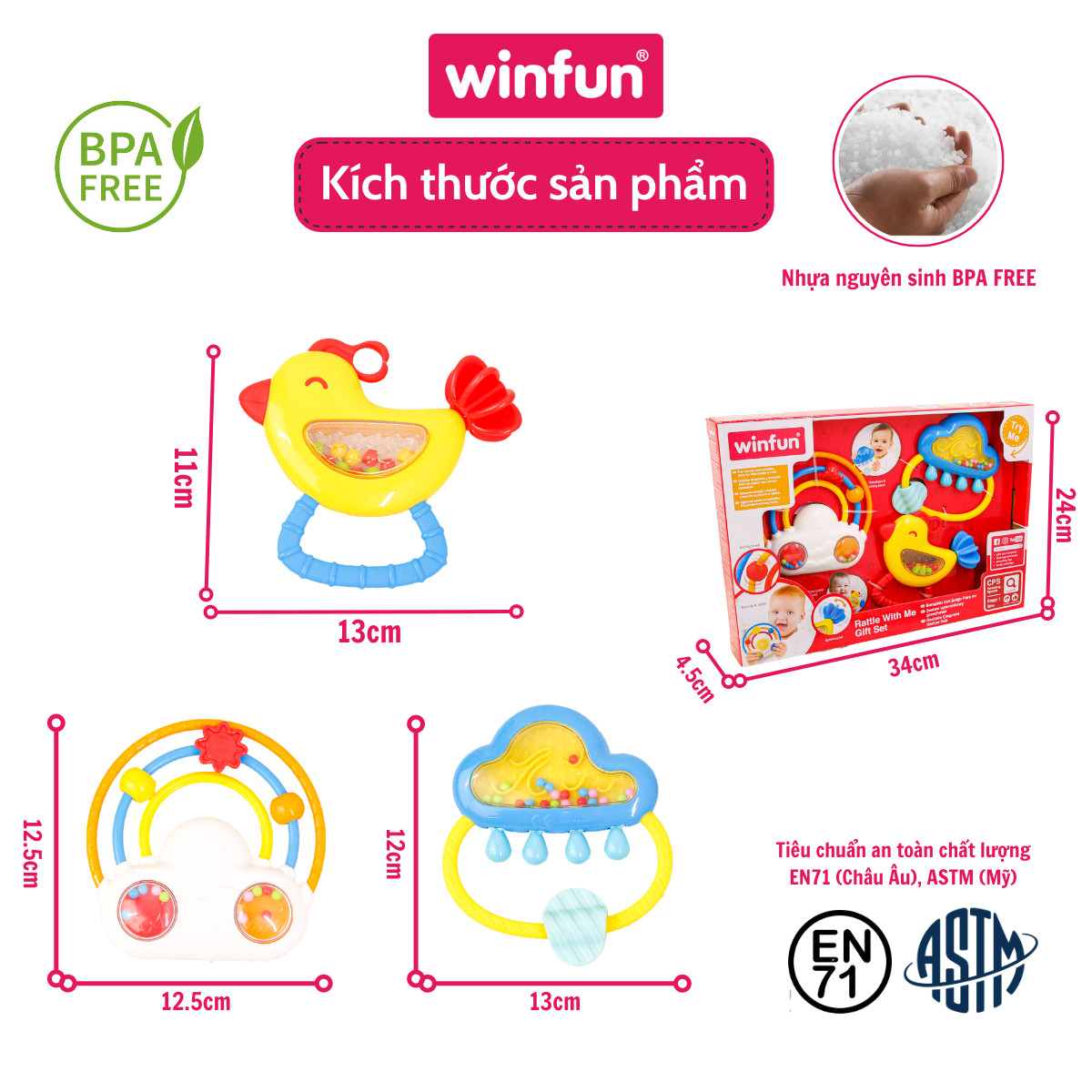 Set 3 đồ chơi xúc xắc cầm tay, gặm nướu chủ đề cầu vồng và mưa Winfun 3030-NL