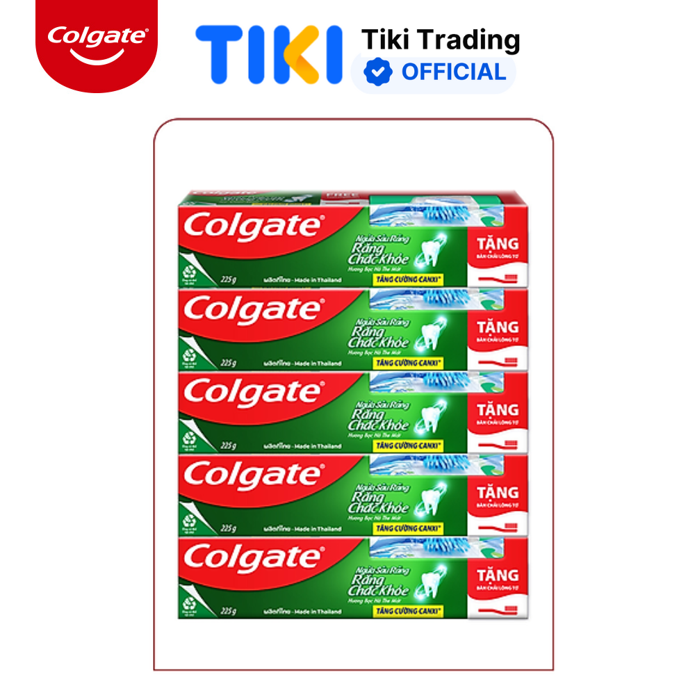 Bộ 5 kem đánh răng Colgate ngừa sâu răng răng chắc khỏe 225g/tuýp tặng bàn chải đánh răng lông tơ nhập khẩu Thái Lan