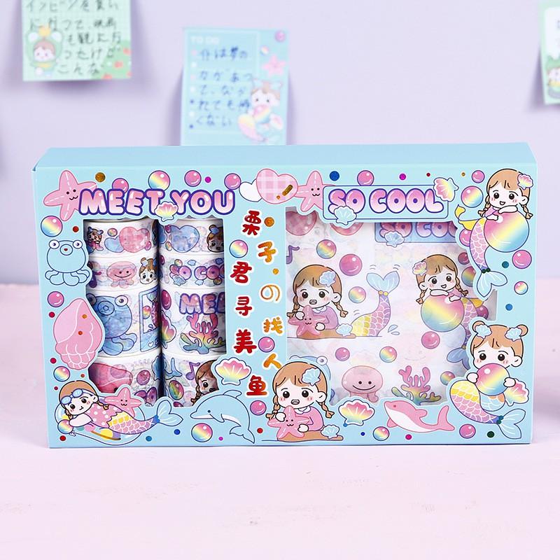 Hộp 10 Washi Tape 10 Sticker Cô Bé Cute Dễ Thương Băng Keo Dính Hình Dán Stickers Trang Trí Sổ Tay Xinh