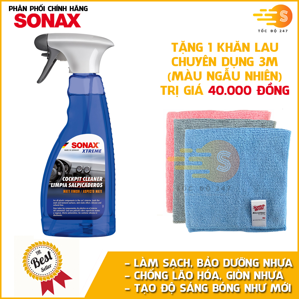 Chai xịt làm sạch và bảo dưỡng nhựa nội thất xe Sonax 283241 500ml - tặng 1 khăn lau 3M màu ngẫu nhiên - Chống bạc màu, chống tia UV, xóa xước, chống tĩnh điện, bụi, không chứa silicone