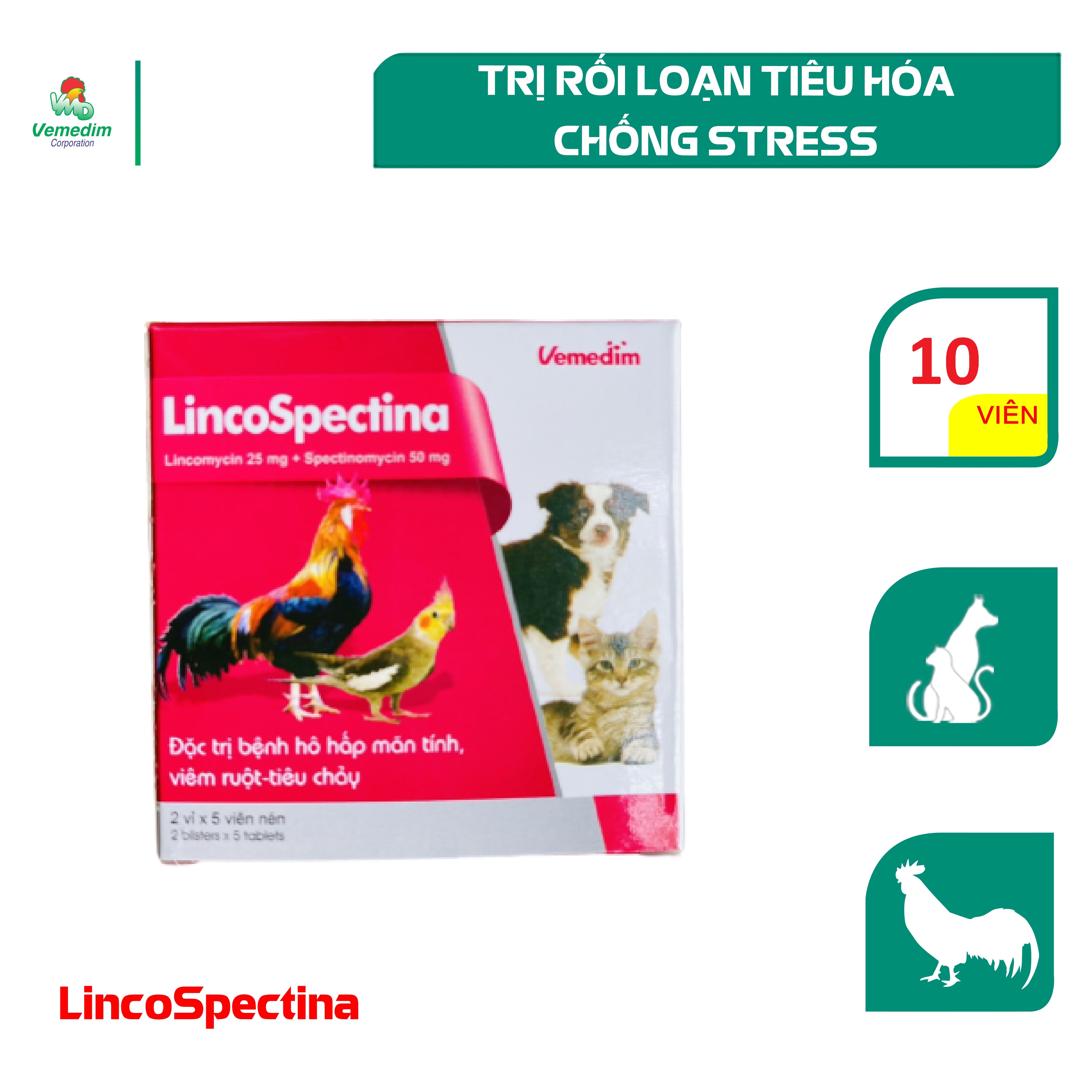 Vemedim LincoSpectina trị nhiễm trùng đường hô hấp và tiêu hóa cho cho chim, gà cảnh, chó, mèo, hộp 10 viên/hộp 50 viên