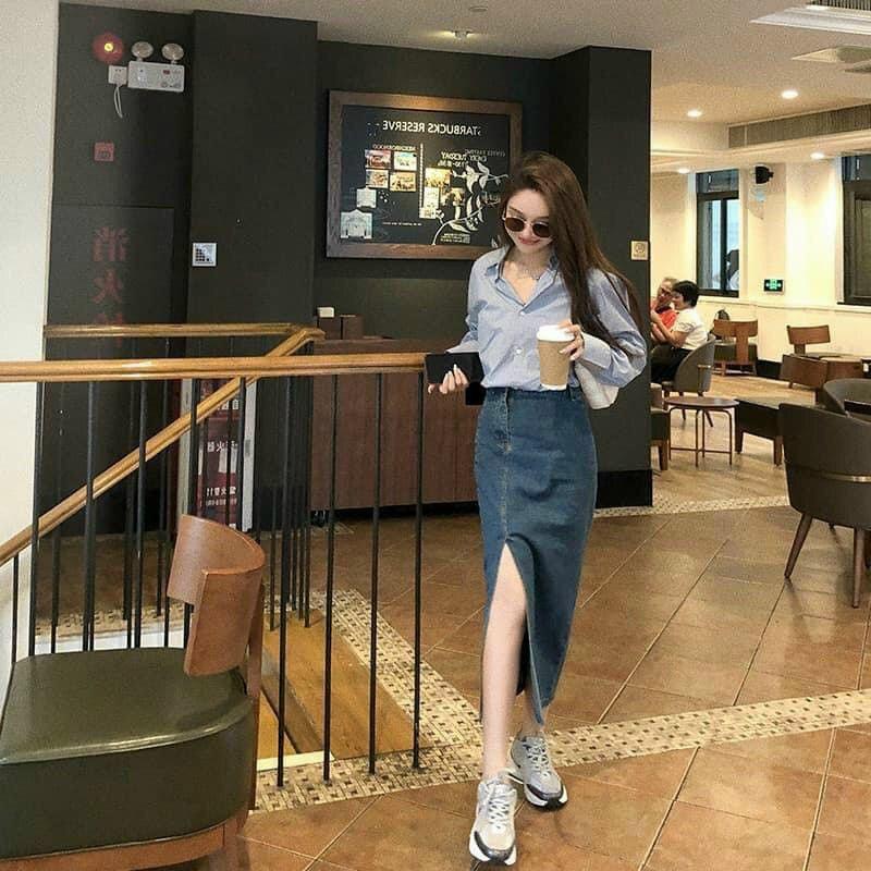 CHÂN VÁY BÒ DÁNG DÀI XẺhàng sẵn