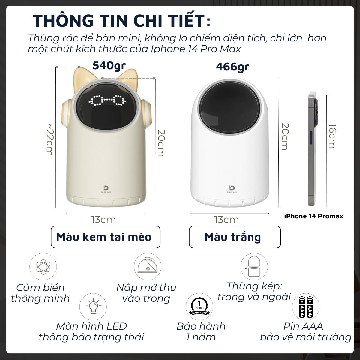 Thùng rác mini để bàn DandiHome 2 lít cảm biến tự động đóng mở