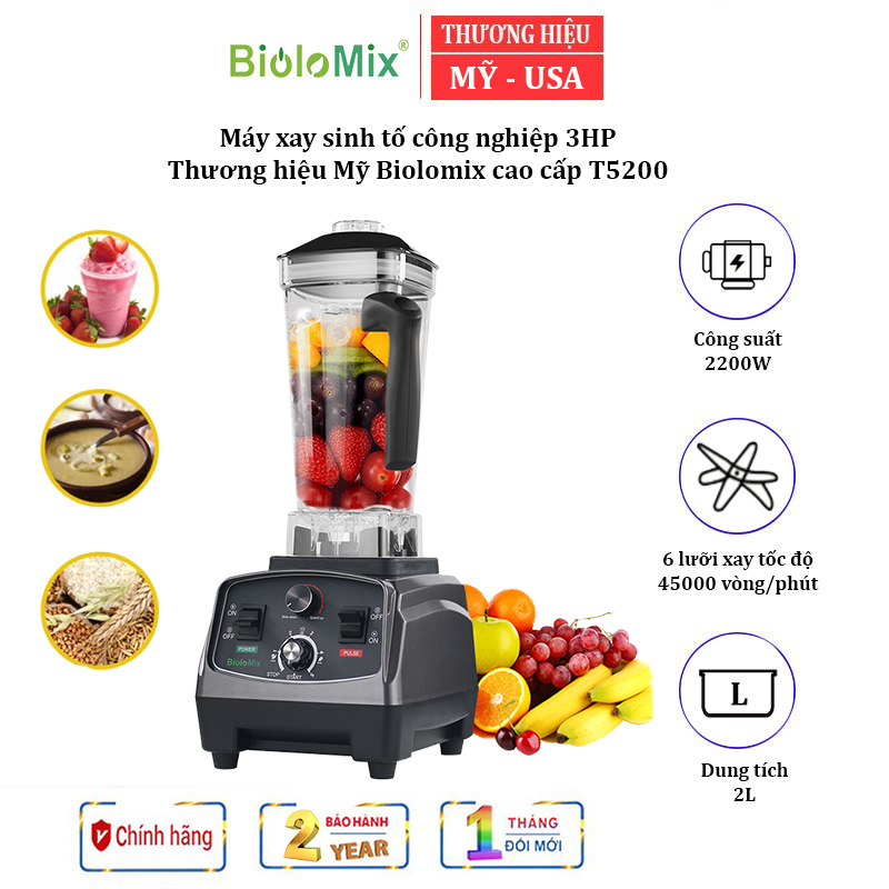 Máy xay sinh tố công nghiệp 3HP, dung tích 2 lít, công suất 2200W Biolomix T5200 tích hợp 5 chế độ hẹn giờ - HÀNG NHẬP KHẨU