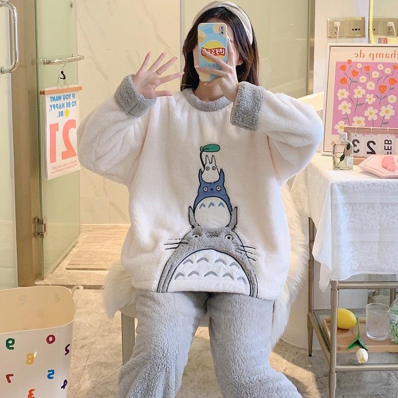 Bộ Pyjama Nữ Cute Vải Lông Cừu Dài Tay
