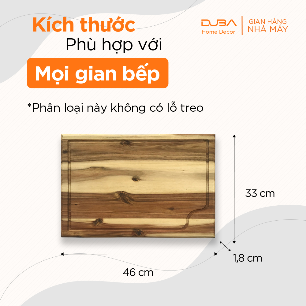 Thớt gỗ chữ nhật lớn, khay gỗ decor, thớt gỗ acacia có lỗ treo màu tự nhiên chuẩn xuất khẩu - DUBA