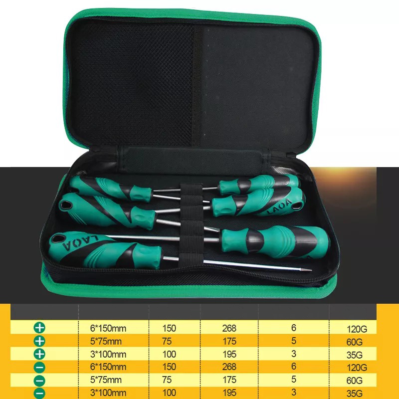 Bộ Tua vít 6 chiếc LAOA LA614306 chuyên dụng, thép hợp kim S2 siêu cứng, hàng chính hãng