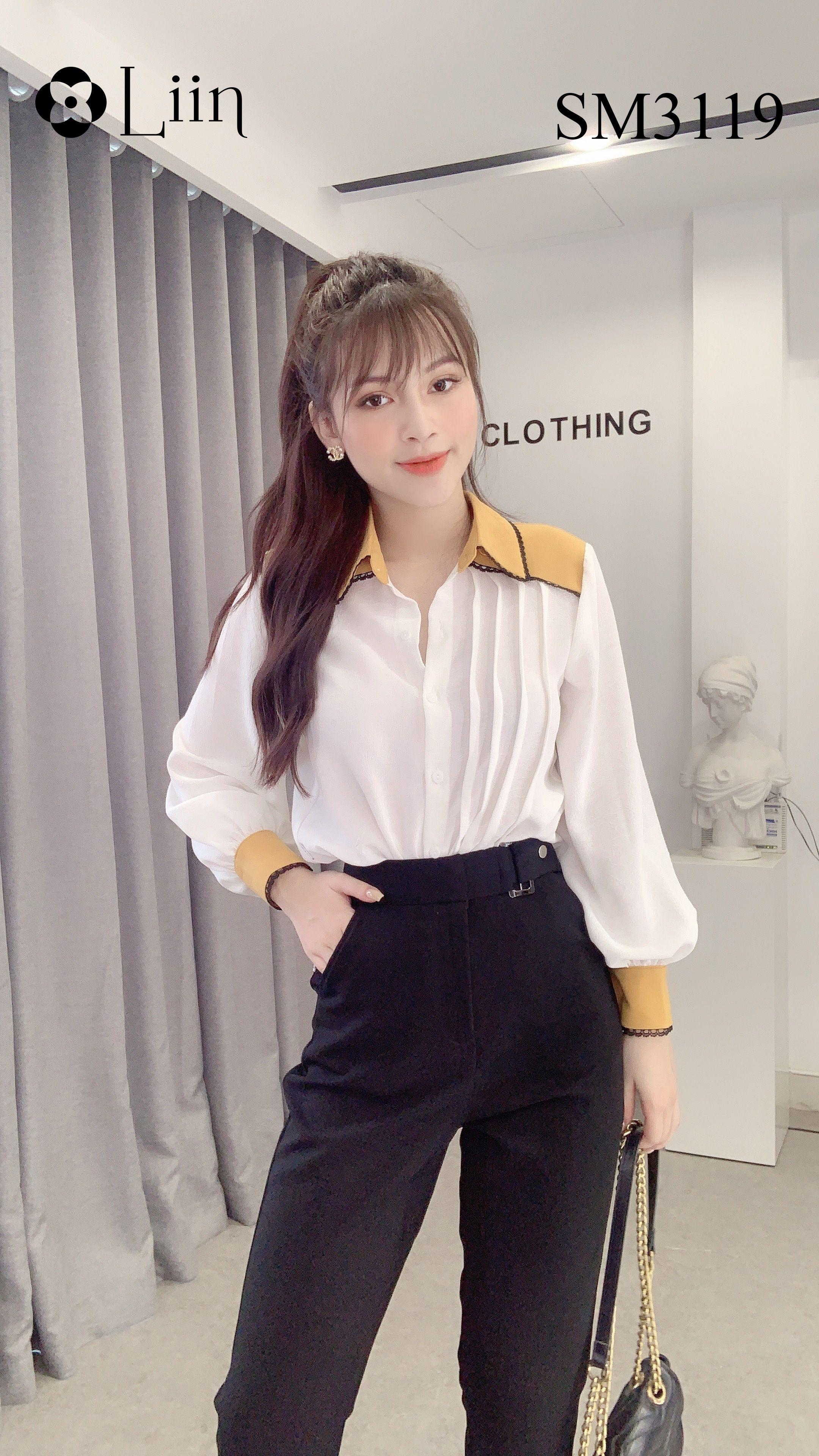 Áo sơ mi nữ màu Trắng Cổ Vàng phối viền bèo xinh xắn LINBI SM3119