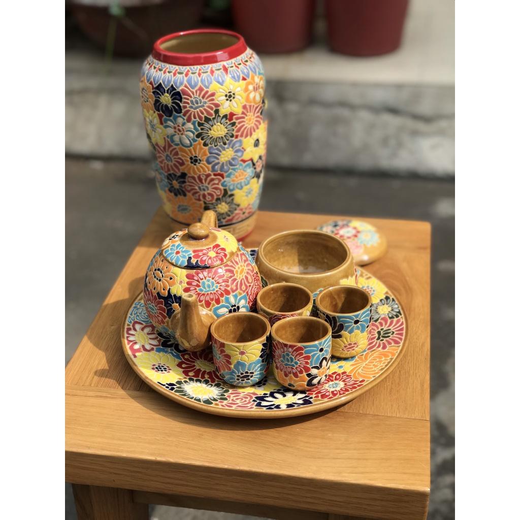 BỘ TRÀ GỐM SỨ THỦ CÔNG HỌA TIẾT BÁCH HOA CÓ VÀ KHÔNG ĐẾ
