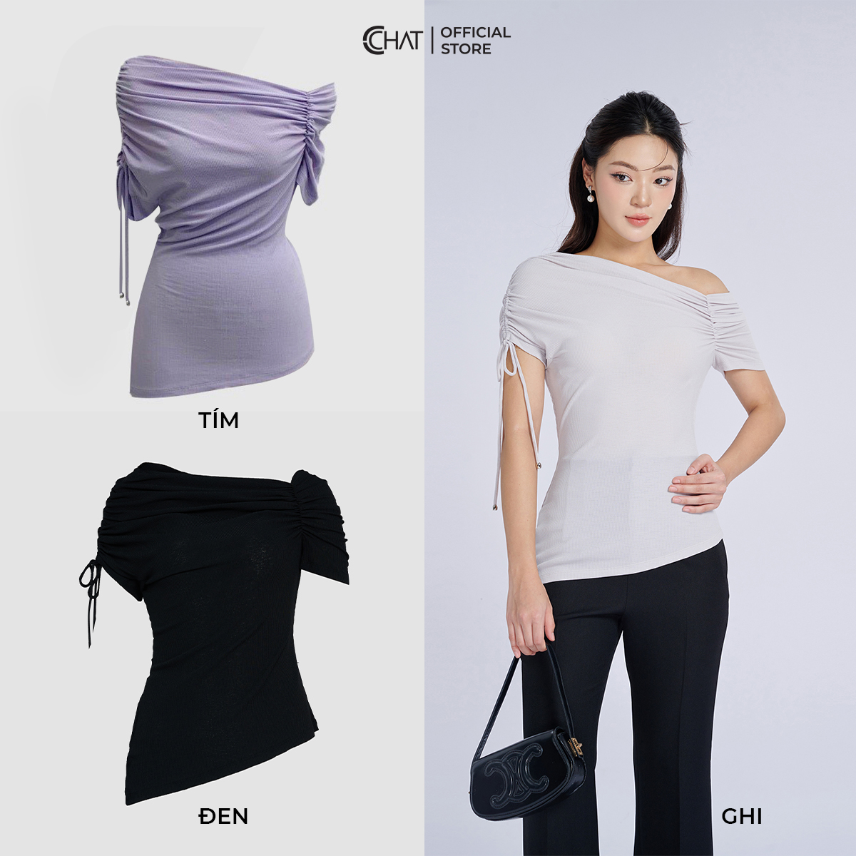 Áo Thun Dáng Ôm Nhún Lệch Vai Dây Chất Vải Mềm Mịn Co Giãn 4 Chiều 53TNC2044OT