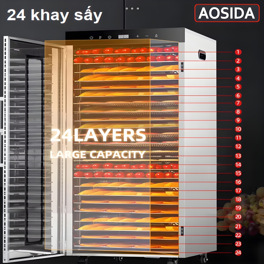 Máy sấy thực phẩm công nghiệp thương hiệu cao cấp AOSIDA SS-24H 24 khay - Dung tích 215L - Hàng Chính Hãng