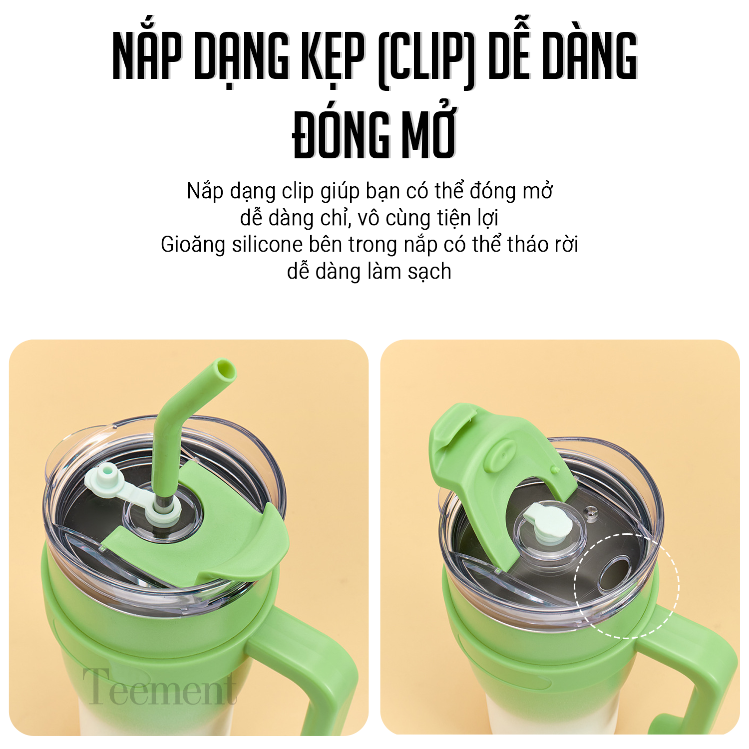 Ly Giữ Nhiệt Inox 304 Cao Cấp Teement - Tặng Kèm Ống Hút Không Gỉ, Ticker 3D, Bình Giữ Nhiệt Có Tay Cầm - Hàng Chính Hãng
