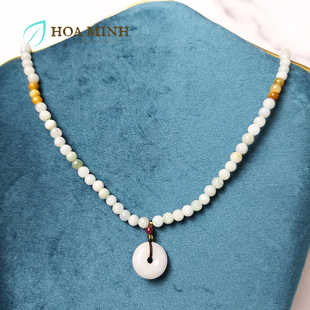 Vòng tay chuỗi 108 hạt Cẩm Thạch bạch ngọc nếp băng size hạt 5.5 li phối điếu cẩm thạch phong thủy tài lộc