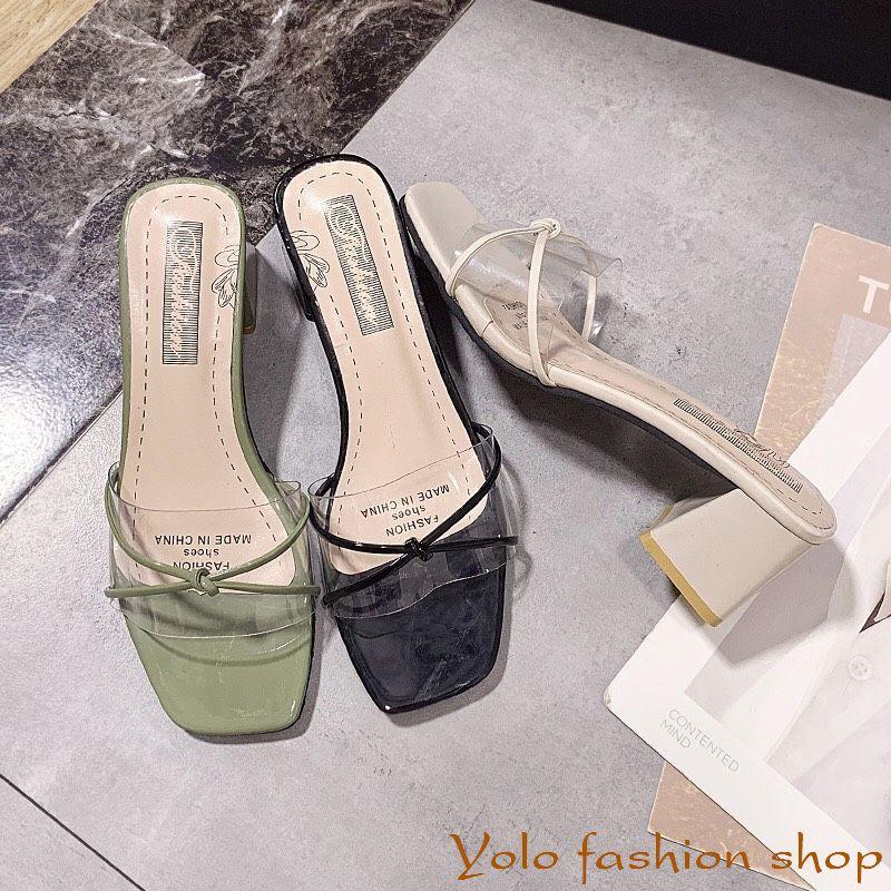 Dép guốc cao gót nữ phối mica 5cm gót vuông hàng cao cấp CC02