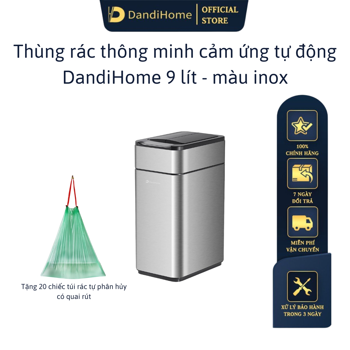 Thùng rác thông minh cảm ứng tự động đóng mở DandiHome - Tặng pin sạc Micro usb