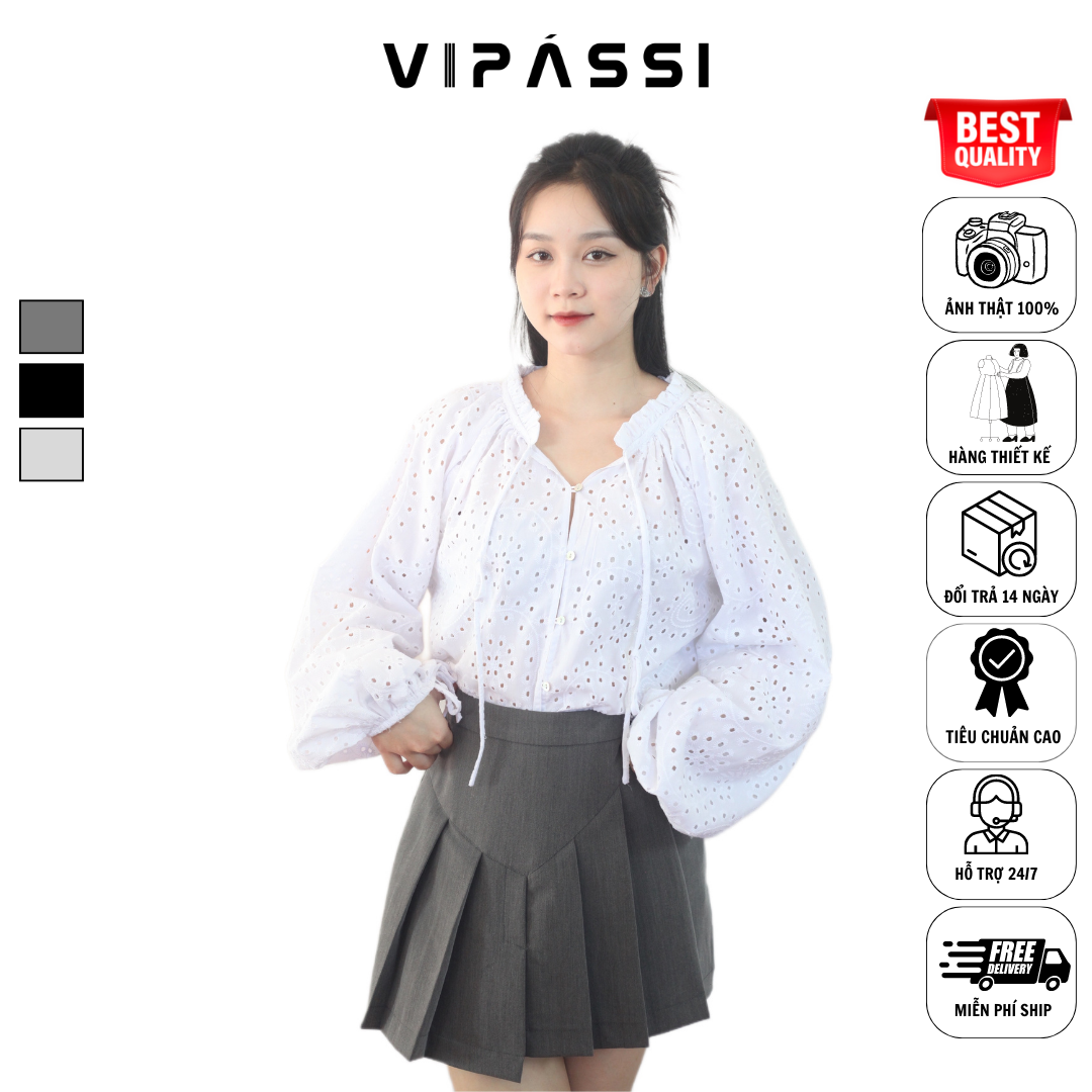 VIPÁSSI Váy tennis Xếp Ly 3 Màu Cotton Lưng Cao Xẻ Tà Đính Nút