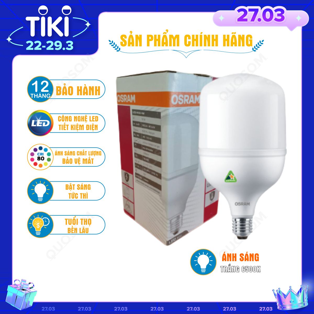 Bóng đèn LED trụ T-Bulb OSRAM E27 - Tiết kiệm điện, độ sáng cao, chất lượng ánh sáng vượt trội, bảo vệ quá nhiệt, chống xung 2.5Kv - Hàng Chính Hãng