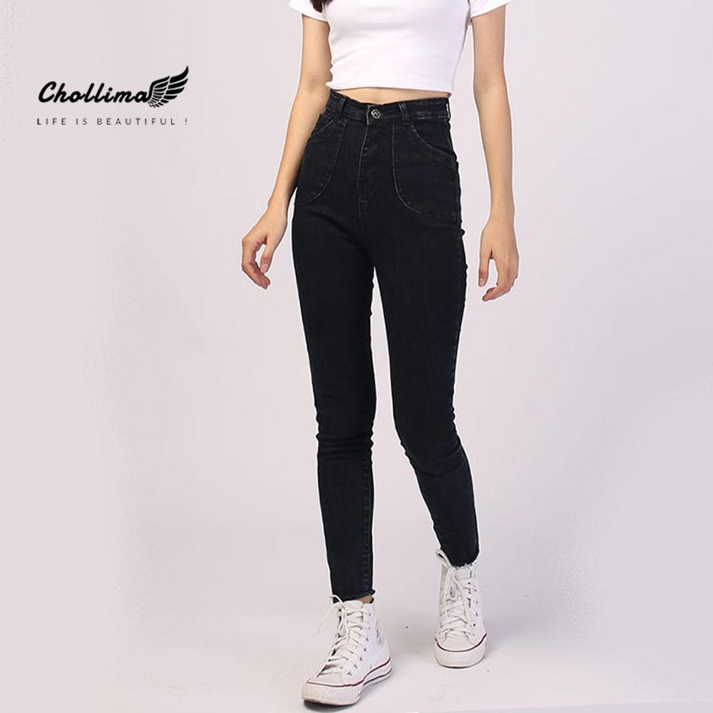 Quần jeans nữ co giãn Chollima cạp siêu cao đắp 2 túi tròn – quần bò nữ cạp siêu cao