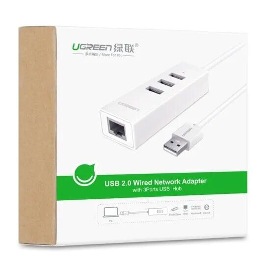 Ugreen UG30299CR129TK 30CM màu Trắng HUB chuyển đổi USB 2.0 sang 3 USB 2.0 + LAN hổ trợ 100Mbps - HÀNG CHÍNH HÃNG