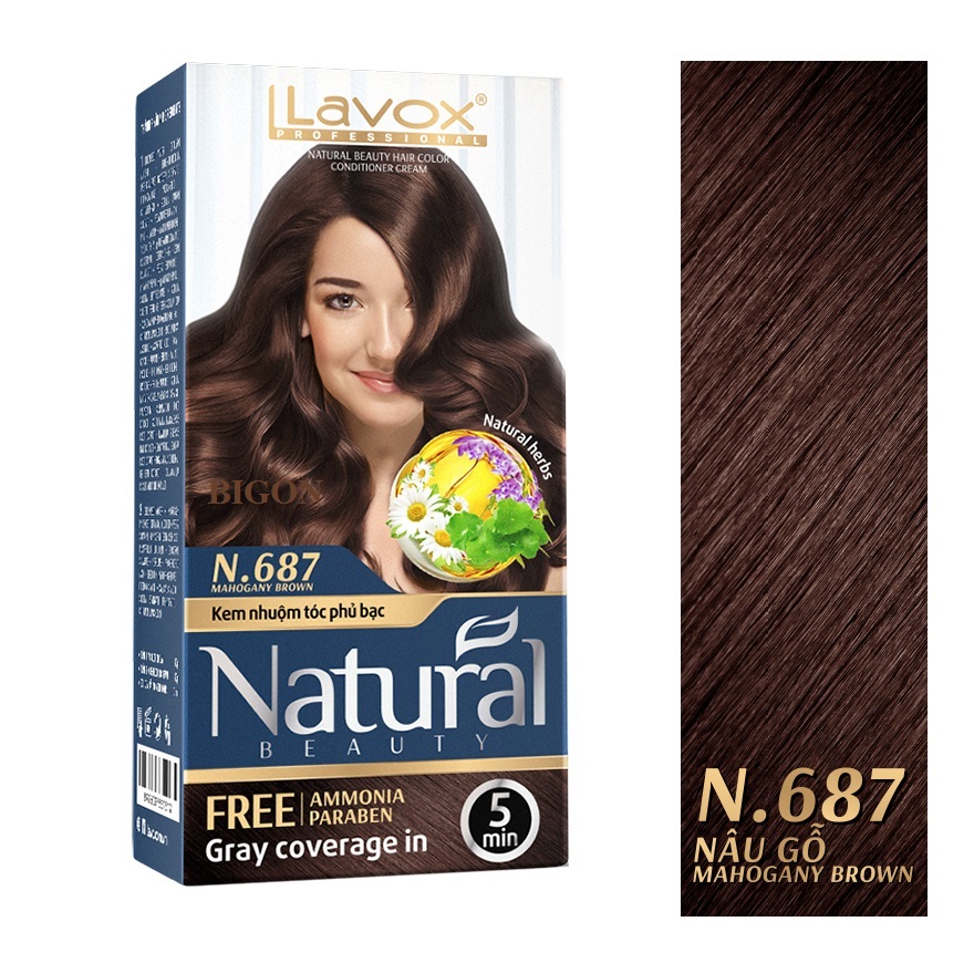 Kem Nhuộm Phủ Bạc Cao Cấp Siêu Dưỡng, Tự Nhiên Lavox - N.687 - Mahogany Brown