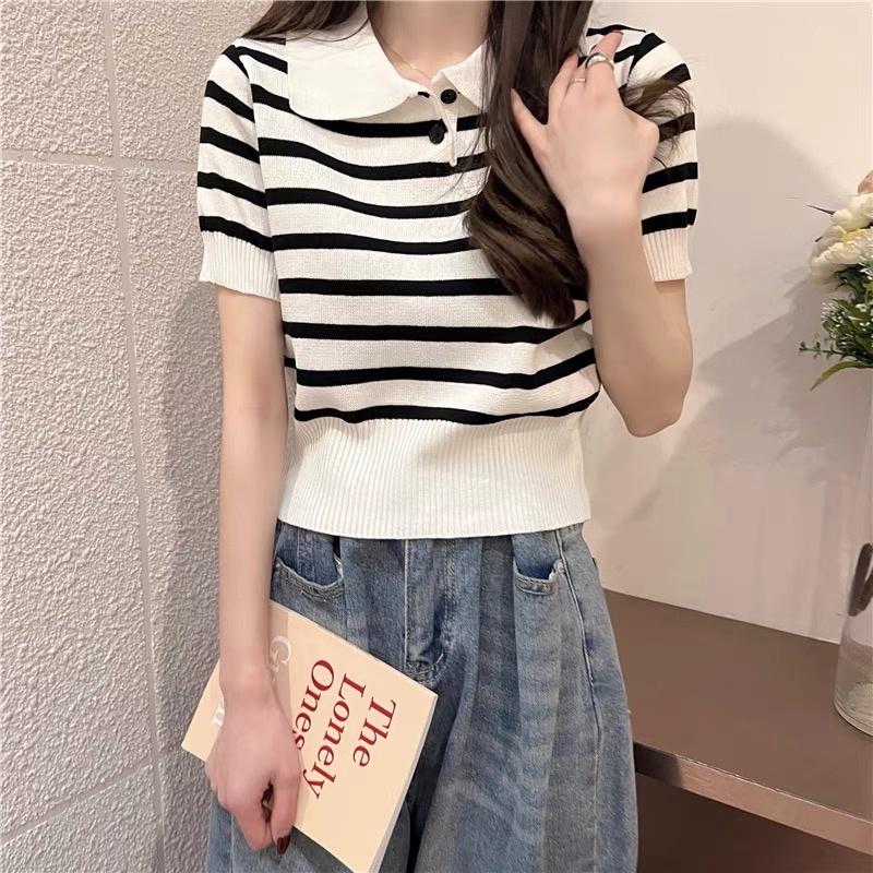 Áo len mongtoghi polo dệt kim nữ tay ngắn dáng rộng kiểu cổ bẻ kẻ sọc ngang phong cách hàn Quốc trẻ trung