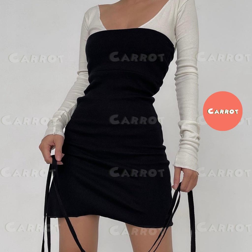 Đầm body sexy tay dài carrotxinhdep váy ôm eo ôm ngực màu đen ngắn dự tiệc chất thun gân co giãn tặng kèm áo trắng